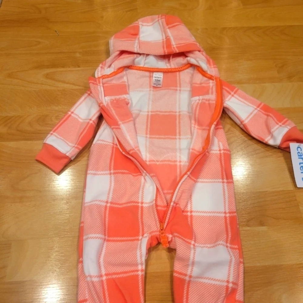 Carter's Fleece hooded plaid jumpsuit size 12 months new